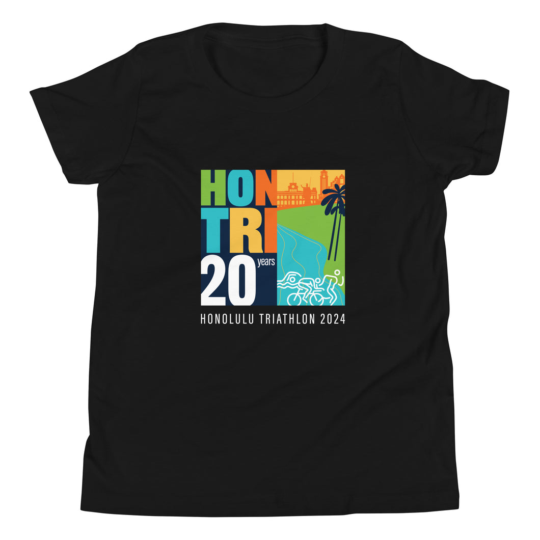 Youth Short Sleeve T-Shirt Honolulu Triathlon 2024 20th (text white)