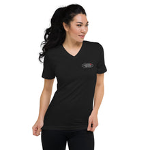 Load image into Gallery viewer, Unisex Short Sleeve V-Neck T-Shirt Hawaii Triathlon Center Logo White
