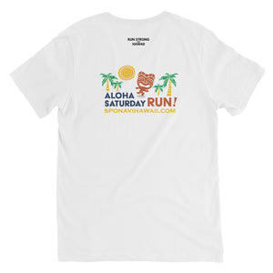 Unisex Short Sleeve V-Neck T-Shirt Aloha Saturday Run Front & Back printing (Logo Black)
